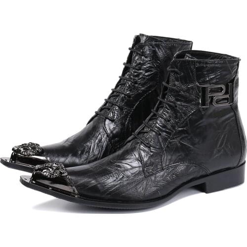 Classic Metal Pointed Toe Mens Lace Up Ankle Boots Business Party Male Black Leather Boots Man Fashion Motorcycle Boots