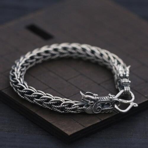 S925 Sterling Silver Hand-woven Hemp Flower Double Leading Thai Silver Bracelet 8mm Personality Men Domineering Chinese Style