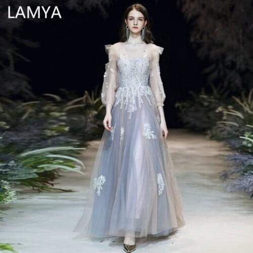 LAMYA Appliques Long Prom Dress For Women Three Quarter Formal Gown Elegant Ruffles Plus Size Robe De Soiree