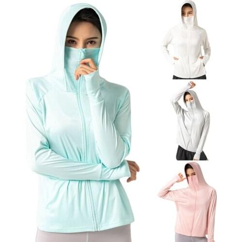 Women UPF 50+ Long Sleeve Sunscreen Jacket Hooded Mask Zip Front Anti-UV Shirts Summer Outdoor Ice Silk Thin Sport Coat with Poc