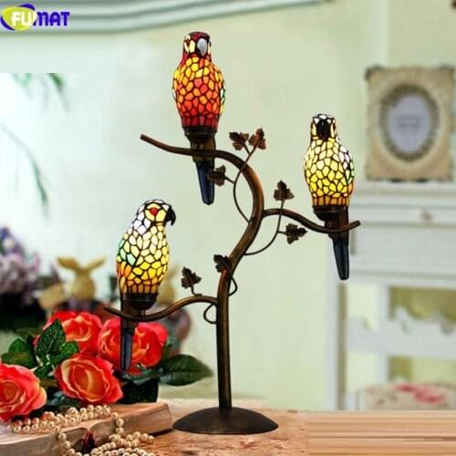 FUMAT Staied Glass Tiffany Table Lamps Parrot Bird Desk Tree Branch Light Jewel Rose Decorated European Colorfully Desk Lighting
