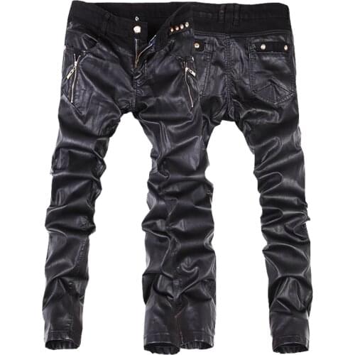 Hot Sale Mens Leather Pants Korean Slim Skinny Mens Spliced Leather Pants Fashion Mens Black Zip Motorcycle Pants Trousers