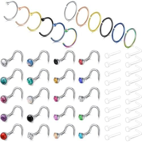 18G 52pcs Stainless Steel Nose Rings Hoop Nose Studs Screw Rings Helix Cartilage Tragus Earrings Hoop Piercing for Women Men
