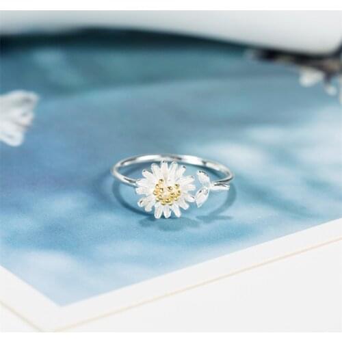 Literary Chrysanthemum Flower Sweet 925 Sterling Silver Temperament Personality Fashion Female Resizable Opening Rings SRI056