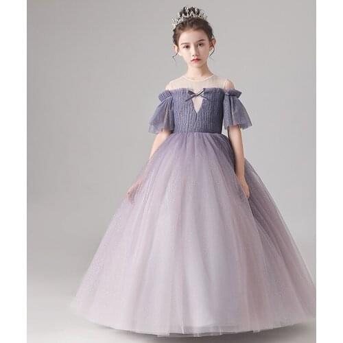 Flower Girl Dresses Illusion O-Neck Short Sequined Princess Floor-Length Tulle Lace Off The Shoulder Pleat Kids Party Gown H240