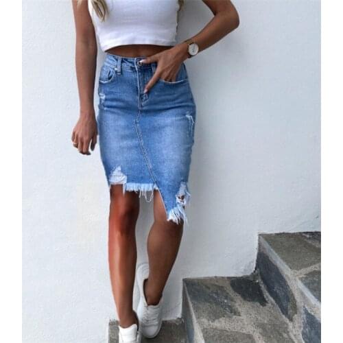Summer Women Fashion Stylish Asymmetric Skirts High Waist OL Casual Ripped Denim Skirts Sexy Party Street Bodycon Bottoms Female