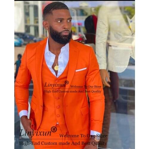 Bright Orange Terno Masculino Notch Lapel Men Suits Wedding Dress Tuxedos Slim Fit Groom Prom Party Blazer 3 Pcs Costume Homme