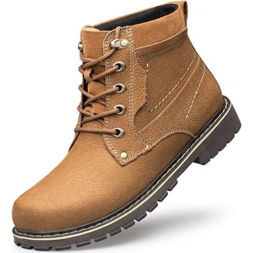 Mens high-end leather outdoor casual Martin boots, fashionable wear-resistant tooling boots, winter high-top boots with velvet