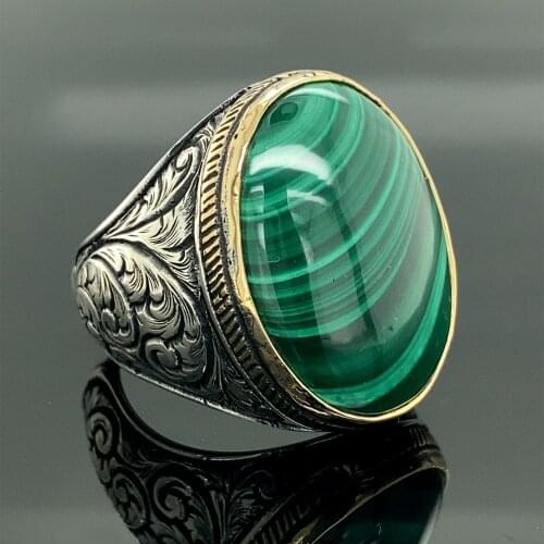 Men Handmade Ring , Malachite Gemstone Ring , Oval Gemstone Ring , Embroidered Ring , Ottoman Jewelry , 925k Sterling Silver Rin