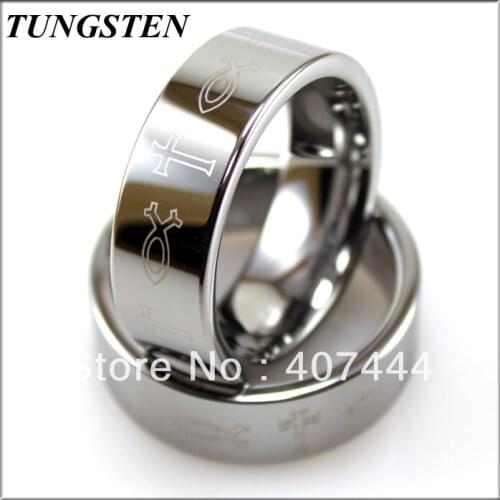 Wholesales Cheapest Price10 pieces /lot 8MM Tungsten Nature Flat Laser Etched Cross and Ichthys Mens Ring Classic Wedding Ring