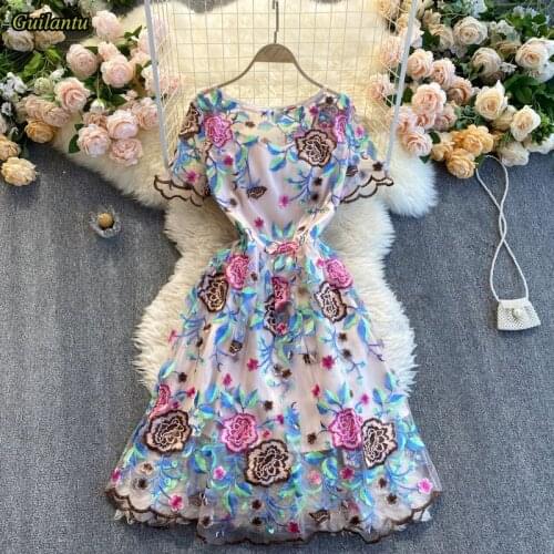 Guilantu Summer Embroidery Floral Tutu Midi Dress Women O Neck Short Sleeve Ball Gown Dress Elegant Evning Party Club Dresses