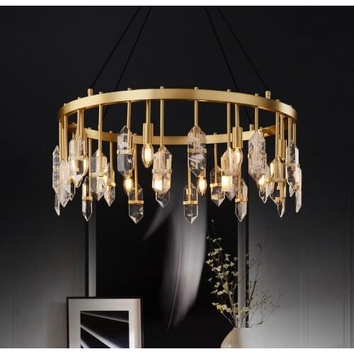 Postmodern Luxury Copper Crystal LED Chandelier Living Dining Room Simple Gold Luminaires Villa Hotel Hall Round Hanging Hamp