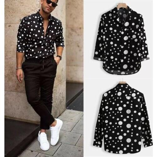 New Fashion Mens Polka Dot Shirt Button Down Slim Fit Long Sleeve Boho Holiday Casual Shirts Bouse Tops