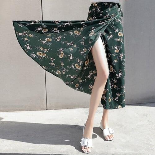 2021 Summer Vintage Printing Long Skirts For Women High Waist Slim Midi Skirt Bow Tie Sexy Split Wrap Skirt Ladies Casual Style