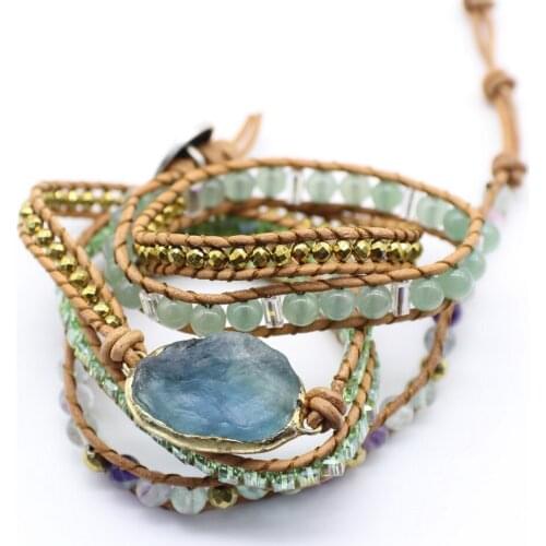 Green fluorite focus bracelet hand knitting with leather cord and matching beads vintage style for men and women factory price