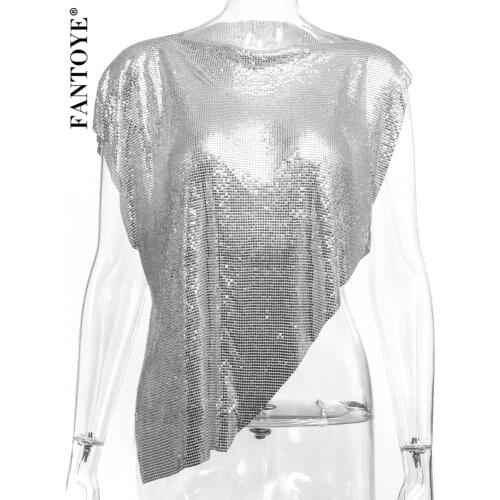 Fantoye Silver Sexy Metal Short Sleeve Womens T-shirts O Neck Asymmetry Back Hollow Out Tops Clubwear Shine Sequins Hot T Shirt