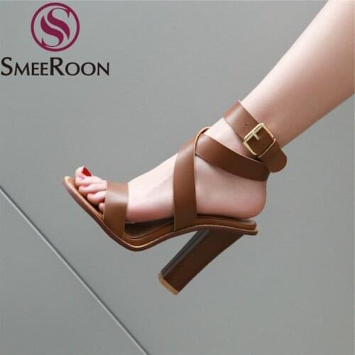 Smeeroon plus size 34-48 summer sandals women buckle square high heels shoes elegant ladies prom shoes gladiator sandals women