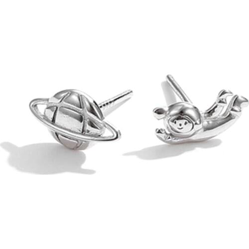 SILVERHOO 925 Sterling Silver Creative Space Planet & Astronaut Asymmetry Earrings For Women Trendy Cute Stud Earring Jewelry