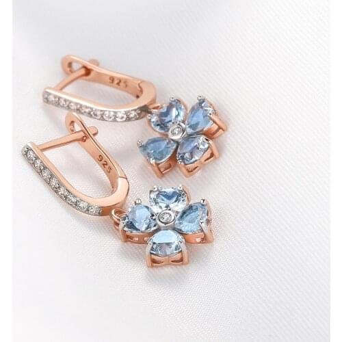 925 Sterling Silver Dangle Earrings Clover Created Gemstone Sky Blue Topaz For Women Gifts Elegant Fine Jewelry Rose Gold Plated