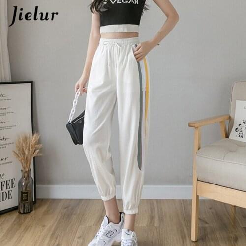 Jielur New S-XXL Sports Pants Female Thin Ice Silk Casual Black White Pants 2020 Stripes Patchwork Harem Pantalon Femme Street
