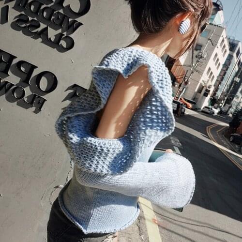 Women Fashion Fairy ruffled Cold Shoulder Sweater Hollow Out Long Flare Sleeve Loose Casual Knit Pullover Blue O Neck Top Jumper