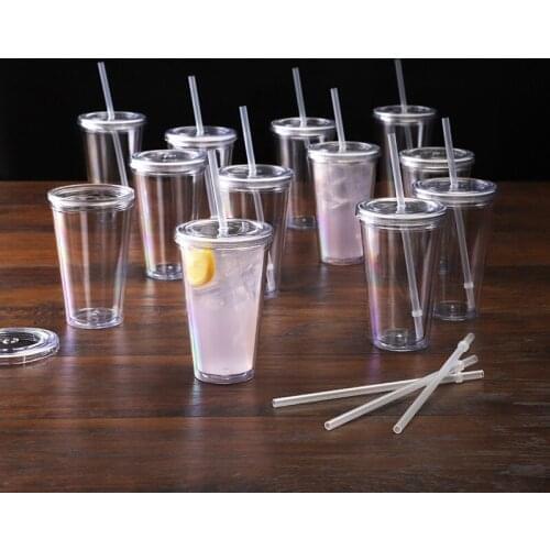 16OZ Acrylic Transparent Double Wall Tumblers Insulated Plastic cup Cold beverage Drinking mug Reusable Cup With Straws