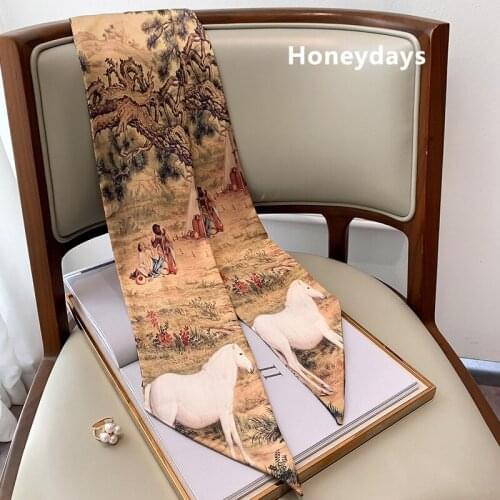 Send Free Scarf buckle Designer Bandelettes Luxury Chinese Painting Silk Scarf Mulberry Silk Scarf Ladies Pointed Long Scarves