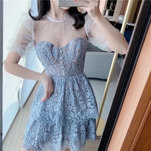 Designer Runway Women Dress Summer Sweet Mesh Polka Dot Lace Patchwork Diamonds Button Cake Blue Short Sleeve Dress