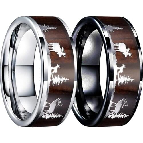 8mm Fashion Couple Rings Deer Stag Christmas Tree Inlay Wood Men Women Rings Wedding Engagement Valentine Day Gift Jewelry