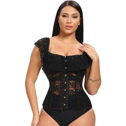 Upgraded Steampunk Corset Tops Lace Bustiers Woman Sexy Lingerie Corselet Transparent Off The Shoudler Sleeve Gothic Clothing