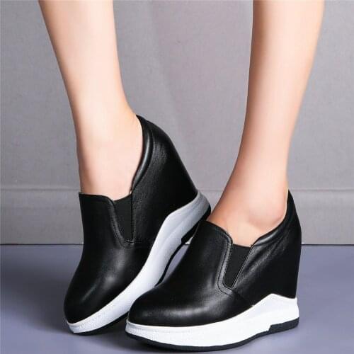 Fashion Sneakers Women Slip On Genuine Leather Wedges High Heel Motorcycle Boots Female Round Toe Platform Oxfords Casual Shoes