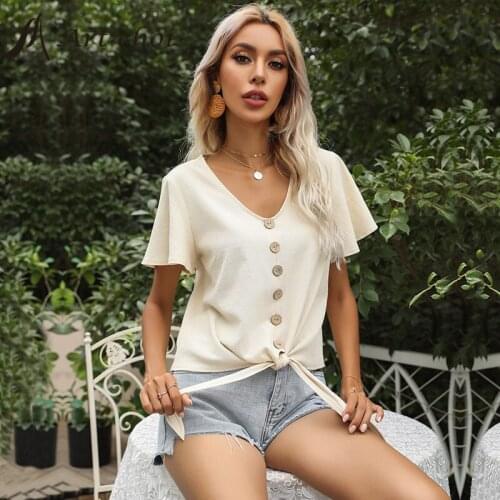 Summer Elegant Solid T-Shirts Women Ladies Casual Button Bandage Bow Lace Up Tops Short Flare Sleeves Female V-Neck Pullover