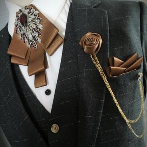 3pcs Vintage Mens Ribbon brooch man suit accessories plaid Bowknot Bow Ties For Bridegroom Wedding And Mens Suit Brooch Pin