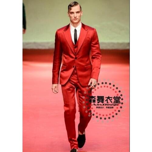 Men suit jacket High-grade satin red suit vest trousers suit suit costume blazer homme