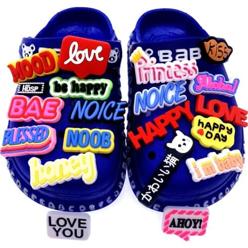 Wholesale 50PCS Mix Cartoon Shoes Charms PVC English Phrase Croc JIBZ Decoration Wristband Accessories For Kids X-MAS Gifts