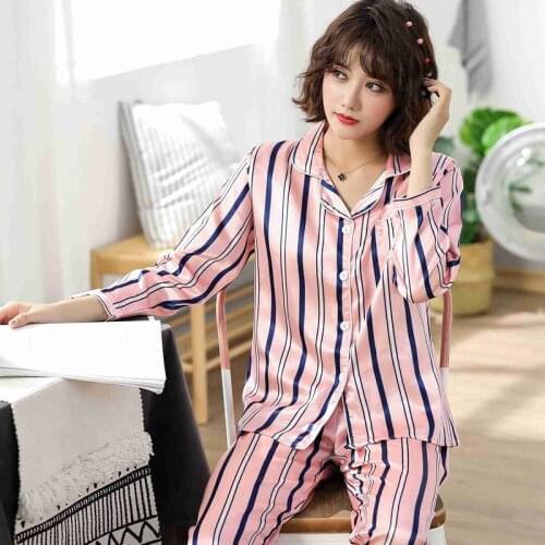 Autumn Pajamas New Long Sleeve Stripes Faux Silk Pajamas Girls Satin Pajamas Turn-down Collar Pijama Mujer Soft Sleepwear