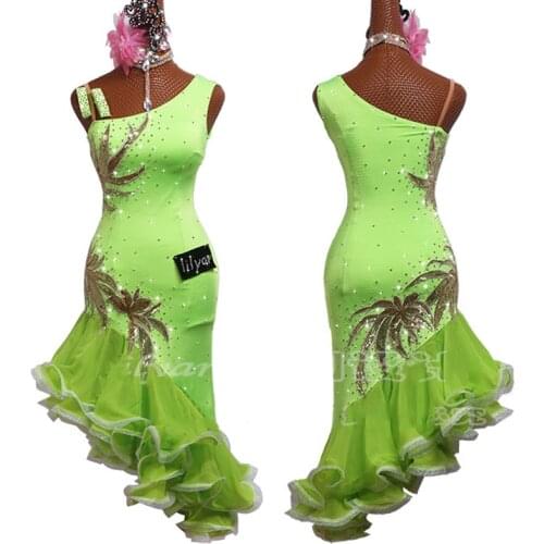 Latin Dance Competition Dress Adult Customize Children Costumes Embroidered Fluorescent Green Fishbone Skirt Latin Dress BL3125