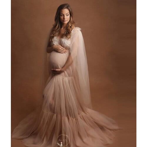See Thru V-neck Appliques Tulle A-line Meternity Dress With Long Cape Elegant Ruffles Draped Pregnancy Dresses SummerPhotography