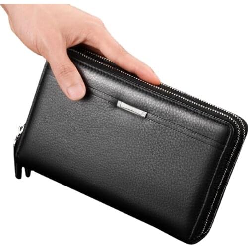 Luxury Leather Men Wallets Long Double zipper Coin Purse for Men Vintage Large Capacity Purse Business Male Wallet money purse