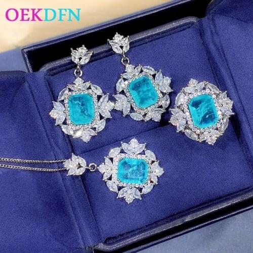 OEKDFN Luxury 925 Sterling Silver Paraiba Tourmaline Gemstone Rings/Earrings/Pendant/Necklace Wedding Engagement Jewelry Sets