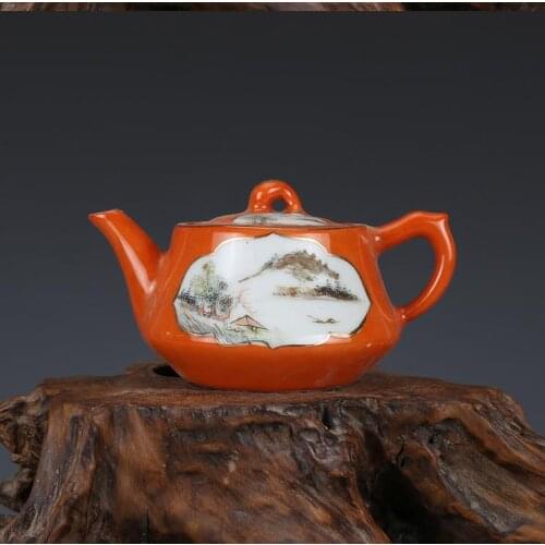 Old Chinese Shallow Crimson Color Landscape Pattern teapot,RED
