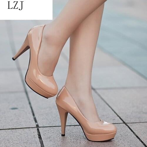 Women Pumps Fashion Classic Patent Leather High Heels Shoes Nude Sharp Head Paltform Wedding Women Dress Shoes Plus Size 34-42