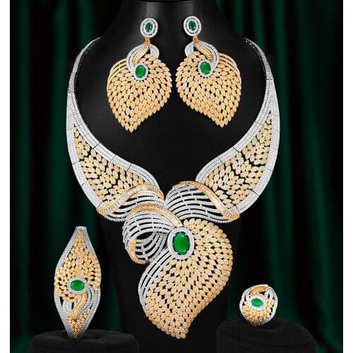Blachette High Quality Luxury Feather 4PCS For Women Wedding Banquet African Indian Cubic Zircon Dubai Bridal Jewelry Sets