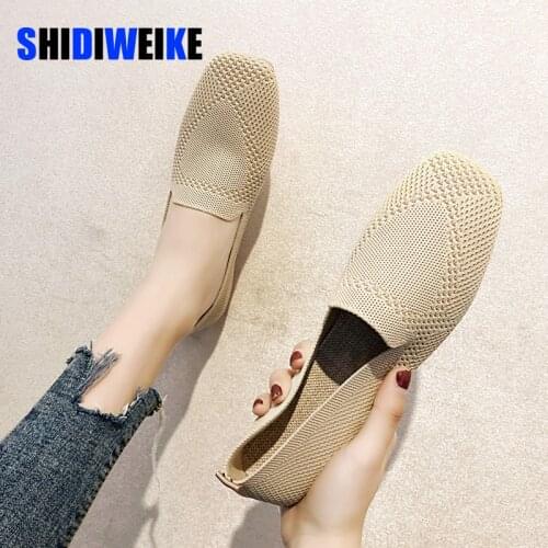 2021 Women Summer Autumn Flats Shoes Knit Fabric Breathable Loafers Square Toe Flat Heel Slip Resistance Sneakers Ballet Shoes