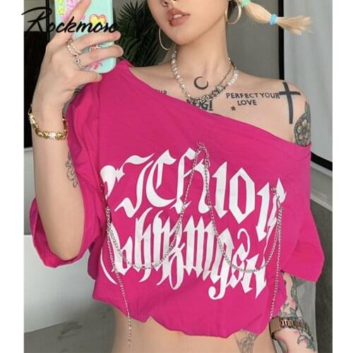 Rockmore Letter Print Crop Top Womens T-Shirt y2k Aesthetic Short Sleeve Skew Collar T Shirts Harajuku Casual Tee Streetwear