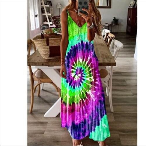 Summer 2021 Womens Folk V Neck Dresses Beauty Paisley Tie Dye Sleeveless Dresses Casual Soft A Line Summer Long Dresses