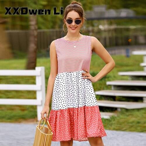 Summer Women Casual Loose Sleeveless Patchwork Dots Dress 2021 stripe Color contrast Plus Size 5XL Clothing Vacation Dresses
