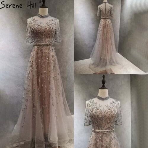 Serene Hill Luxury Silver Beaded A-Line Evening Dress 2021 Short Sleeves High Neck For Women Formal Party Gown CLA70822