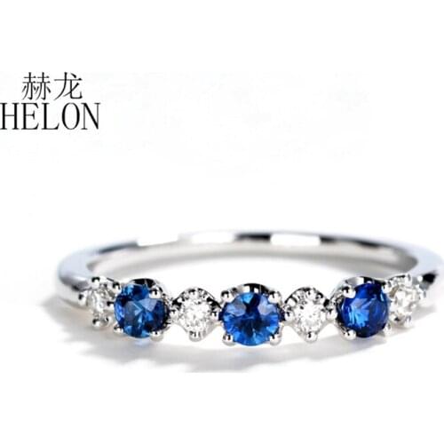 HELON Solid 18K W/Y Gold Ring For Women Round SI/H Genuine Natural Diamond & Sapphire Engagement Anniversary Trendy Fine Jewelry