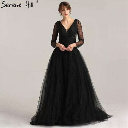 2020 Black V-Neck Tulle Sexy Prom Dresses New Long Sleeves Crystal Pleat A-Line Evening Party Gowns Real Photo LA6273